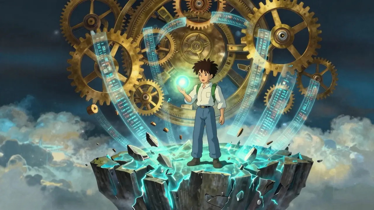 A character on a crumbling floating island as brass clockwork gears trigger a liquidation event.