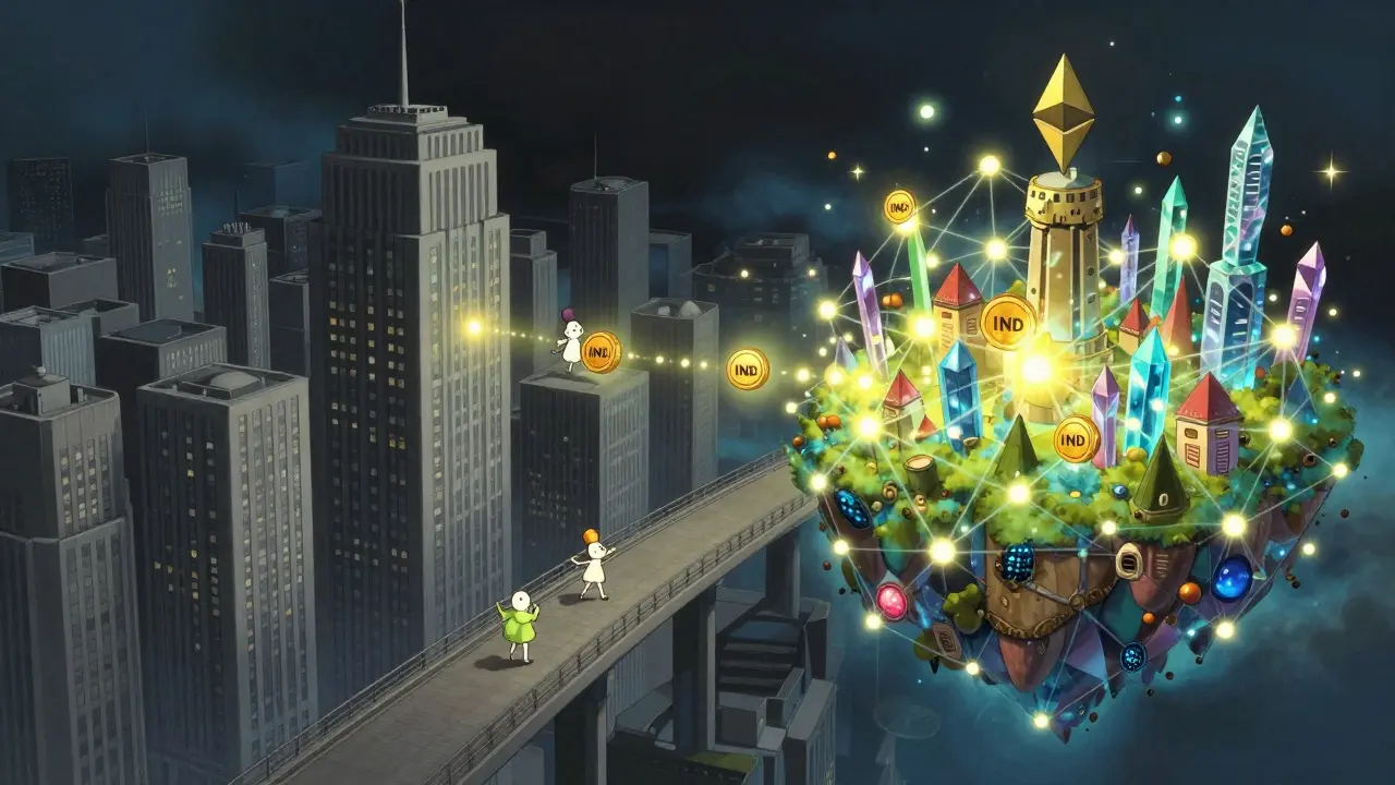 A conceptual bridge between a grey corporate city and a vibrant, glowing decentralized network.