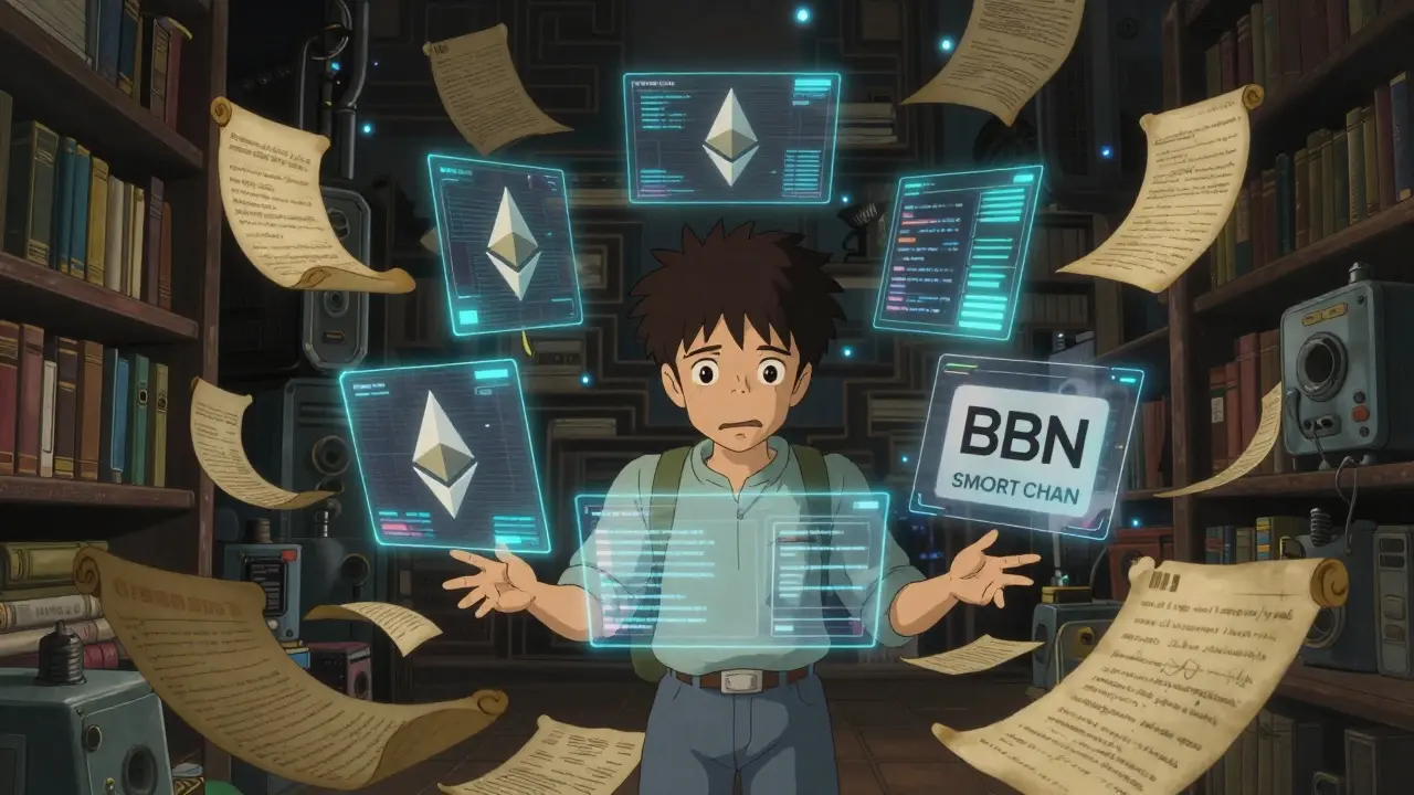 A confused character in a Ghibli-style digital library with conflicting blockchain symbols.