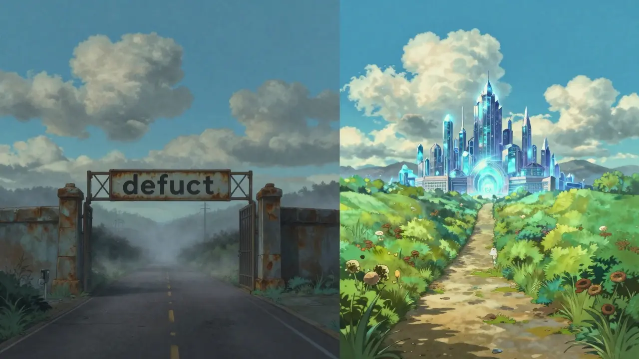 A contrast between a dark, closed gate and a bright path to a futuristic crystal city.