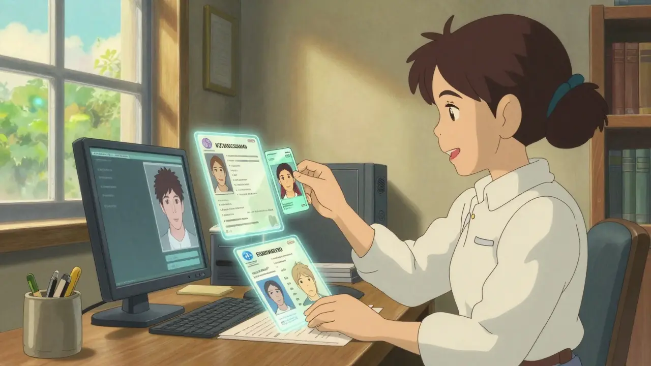 A cozy Ghibli-style office showing a compliance officer reviewing shimmering digital identity documents.