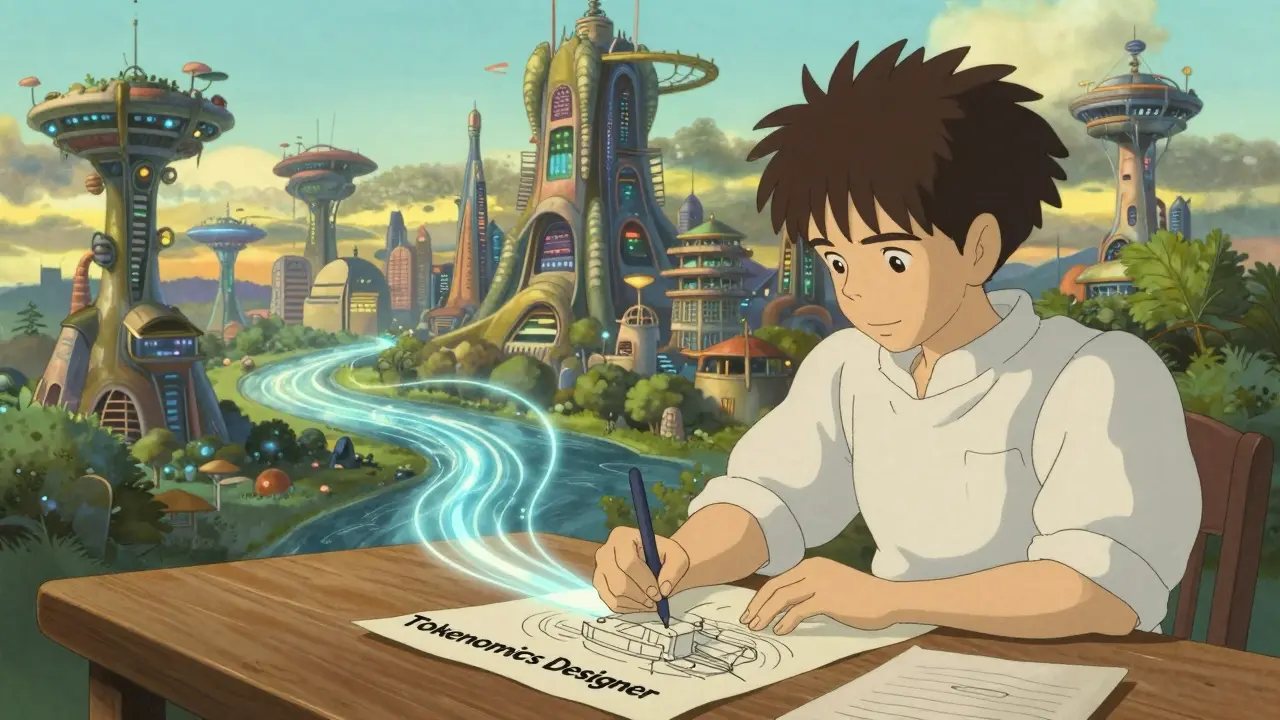 A designer sketching a flowing river of light to represent adaptive tokenomics