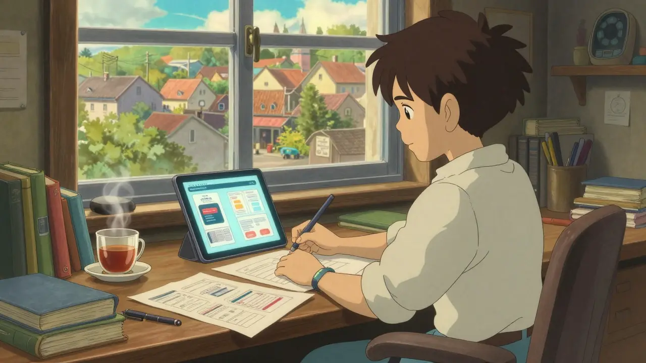 A developer working on a decentralized storefront at a cozy wooden desk