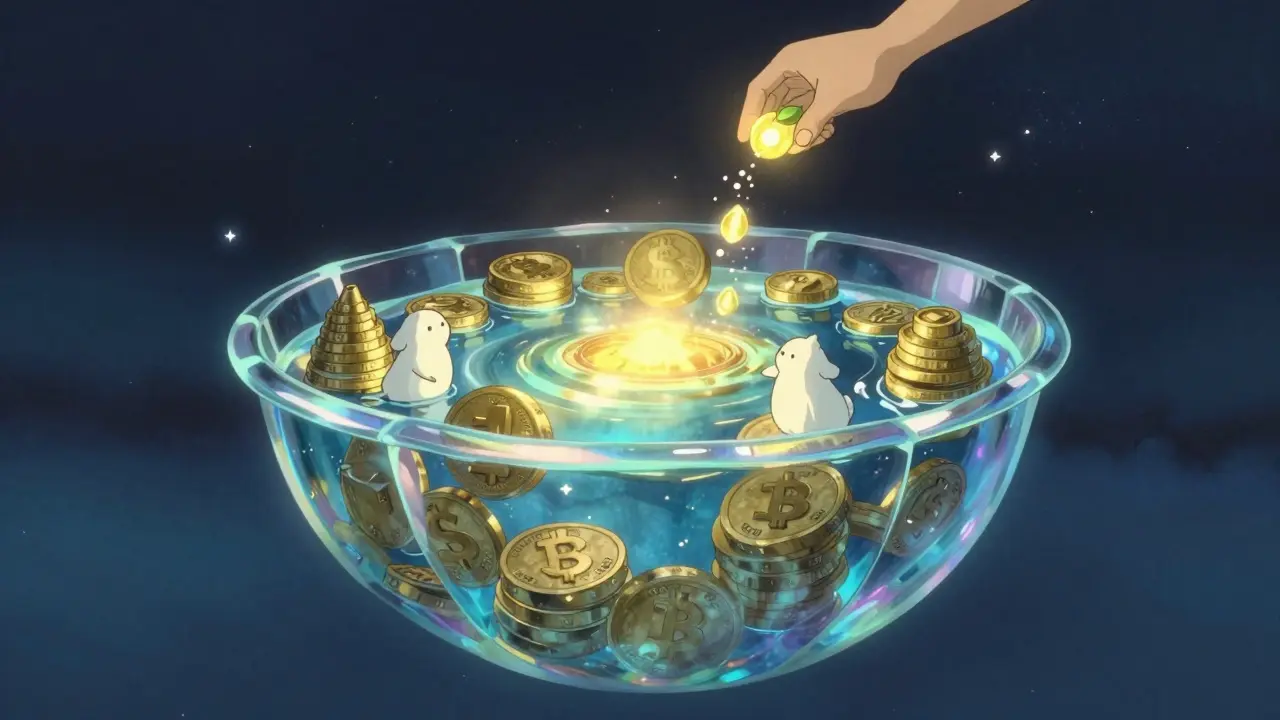 A floating iridescent basin filled with glowing liquid light under a starry night sky.