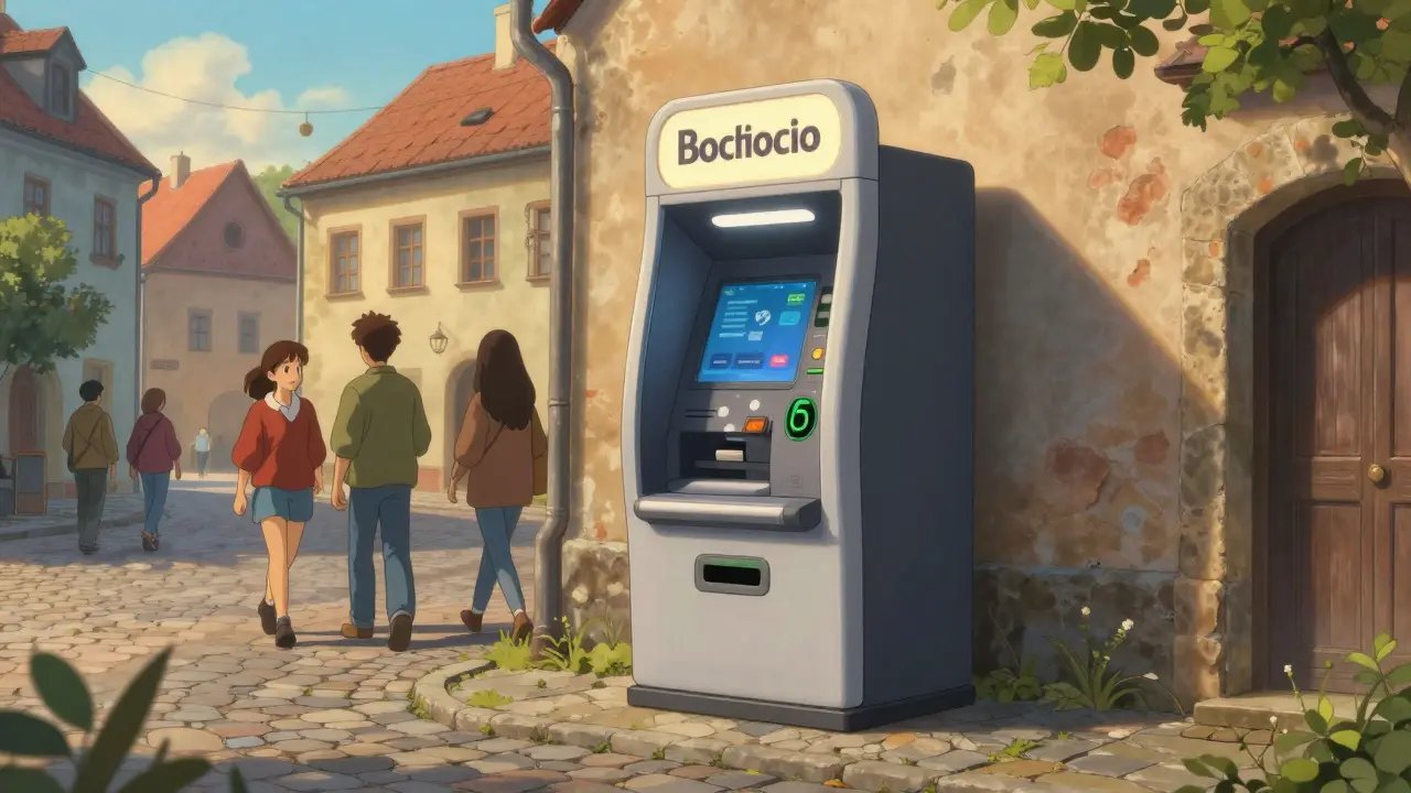 A friendly cryptocurrency ATM on a quiet cobblestone street in Poland