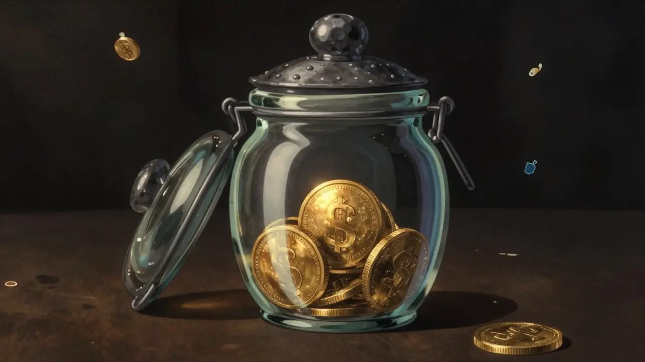 A golden coin trapped inside a glass jar with a heavy lid in a dark, artistic setting.