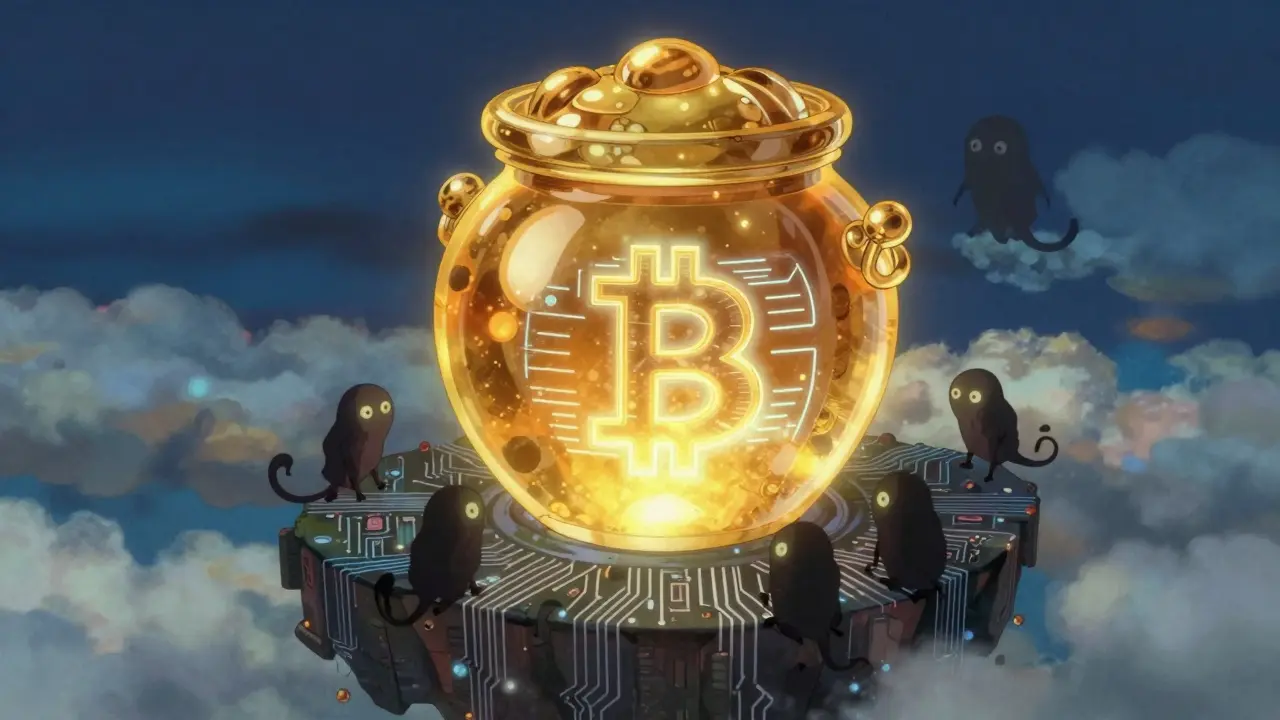 A golden honey pot on a floating digital island surrounded by shadow creatures