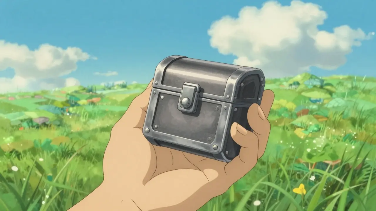 A hand holding a hardware wallet in a peaceful green meadow