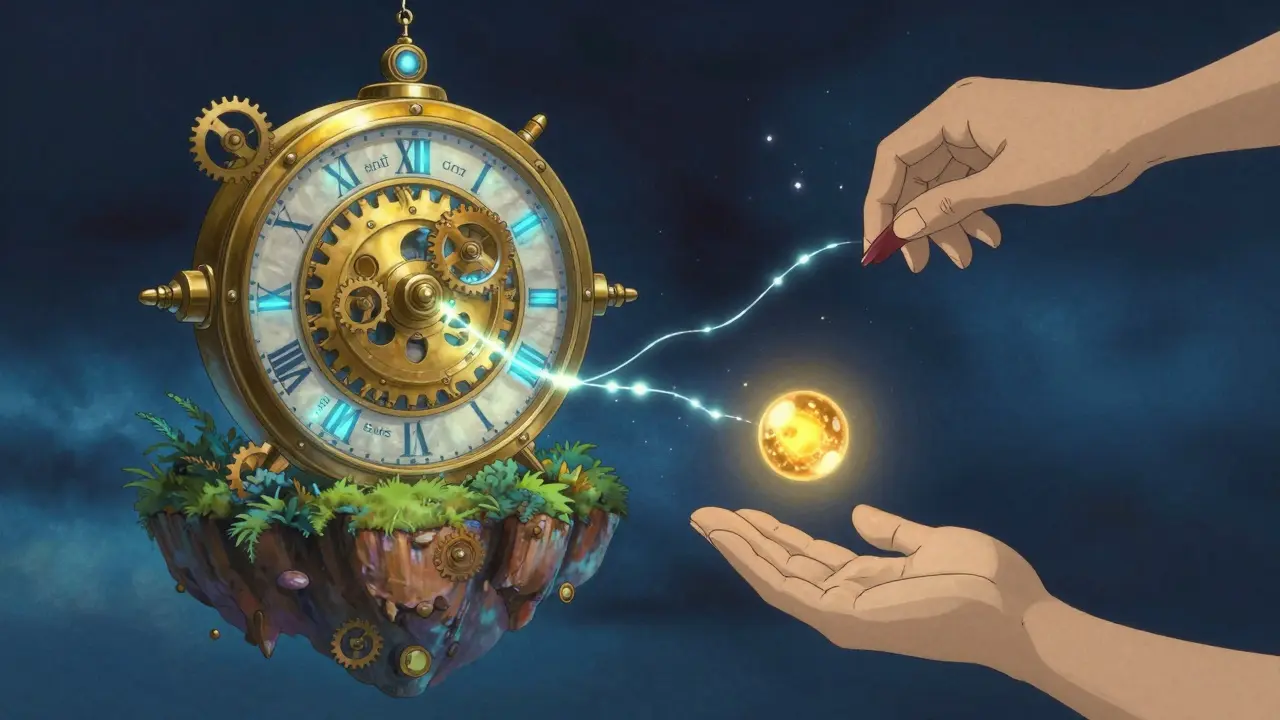 A magical golden clockwork device automatically sending a gold orb of light back to an artist.