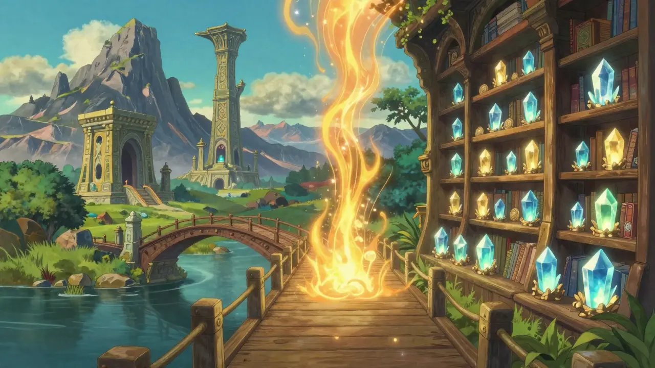 A magical portal connecting a Norse fantasy landscape to a serene digital vault of glowing crystals.