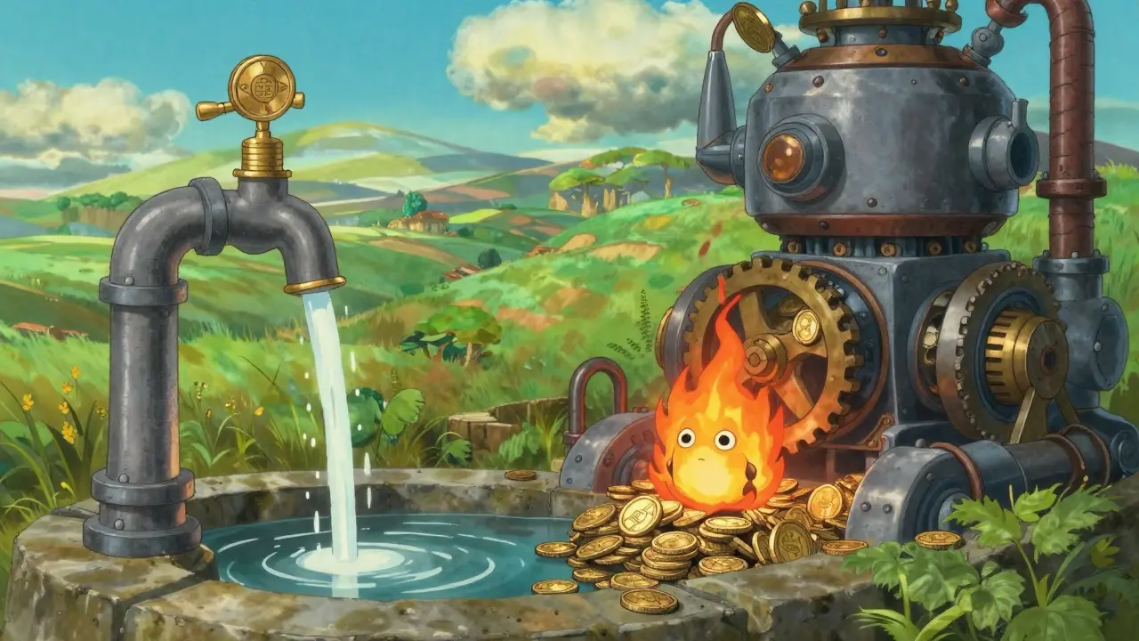 A mechanical faucet creating and burning golden tokens in a lush landscape