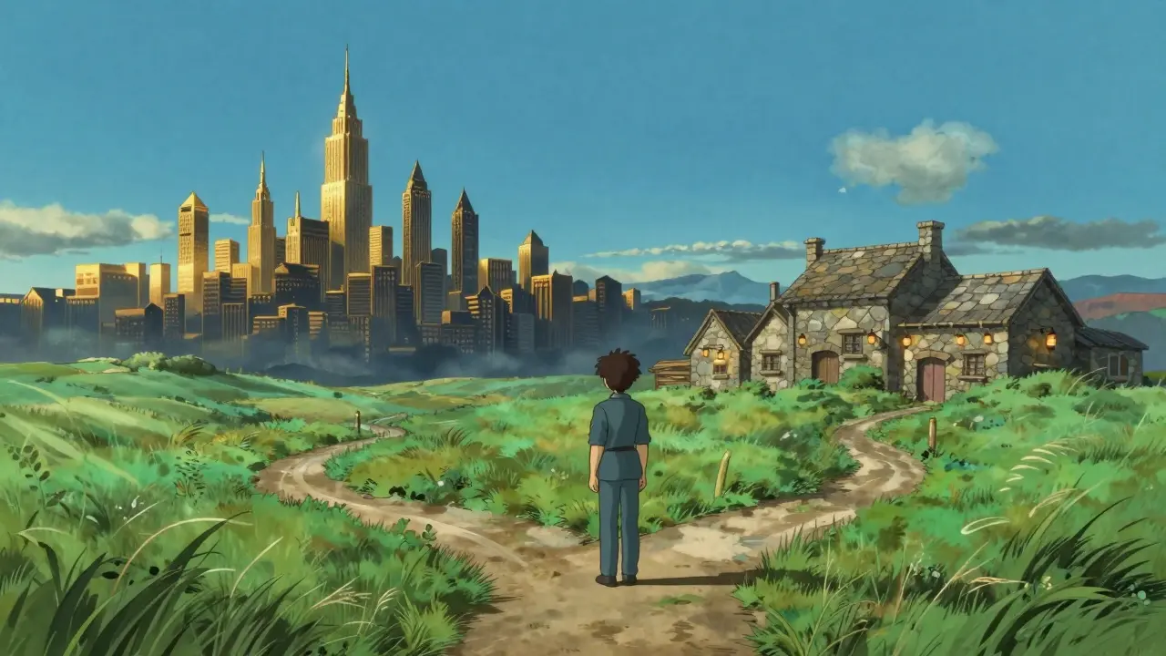 A person at a crossroads between a shimmering mirage and a sturdy stone village.