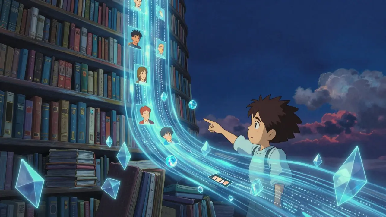 A person exploring a celestial library of glowing blue data streams and holographic portraits.