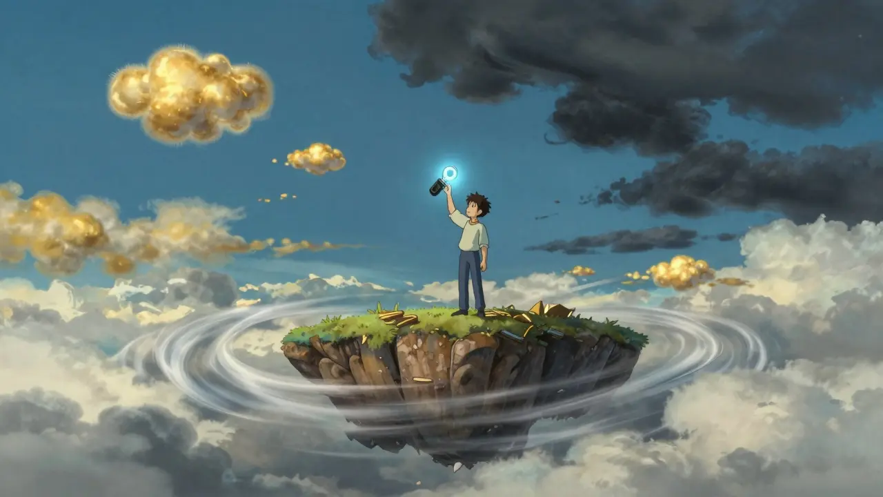 A person holding a digital key on a floating island amidst gold and storm clouds.