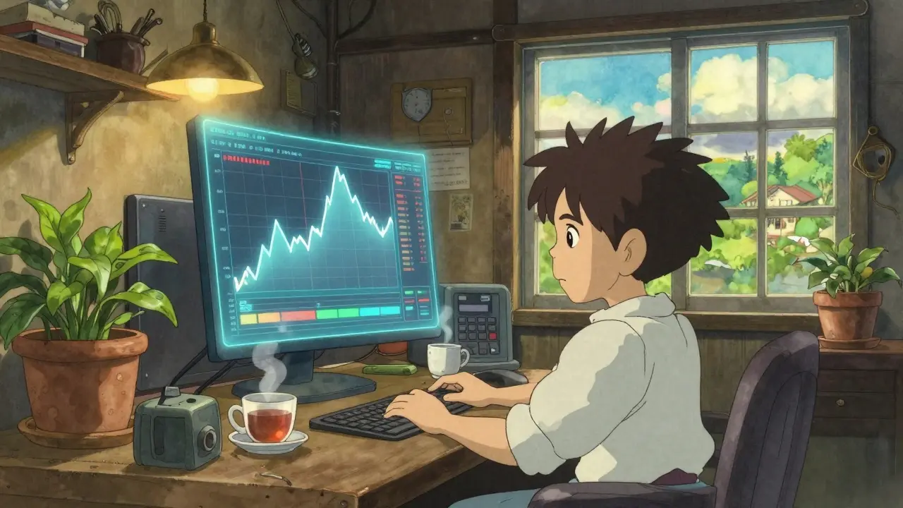 A person looking at a volatile crypto chart in a cozy, Ghibli-style room.