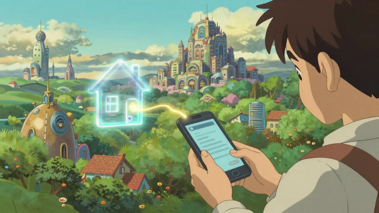 A person verifying a digital holographic house key connected by a golden thread in a lush city.