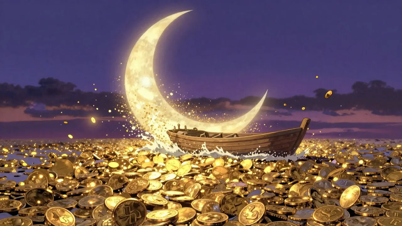 A small boat on a sea of gold coins and digital pixels under a twilight sky.