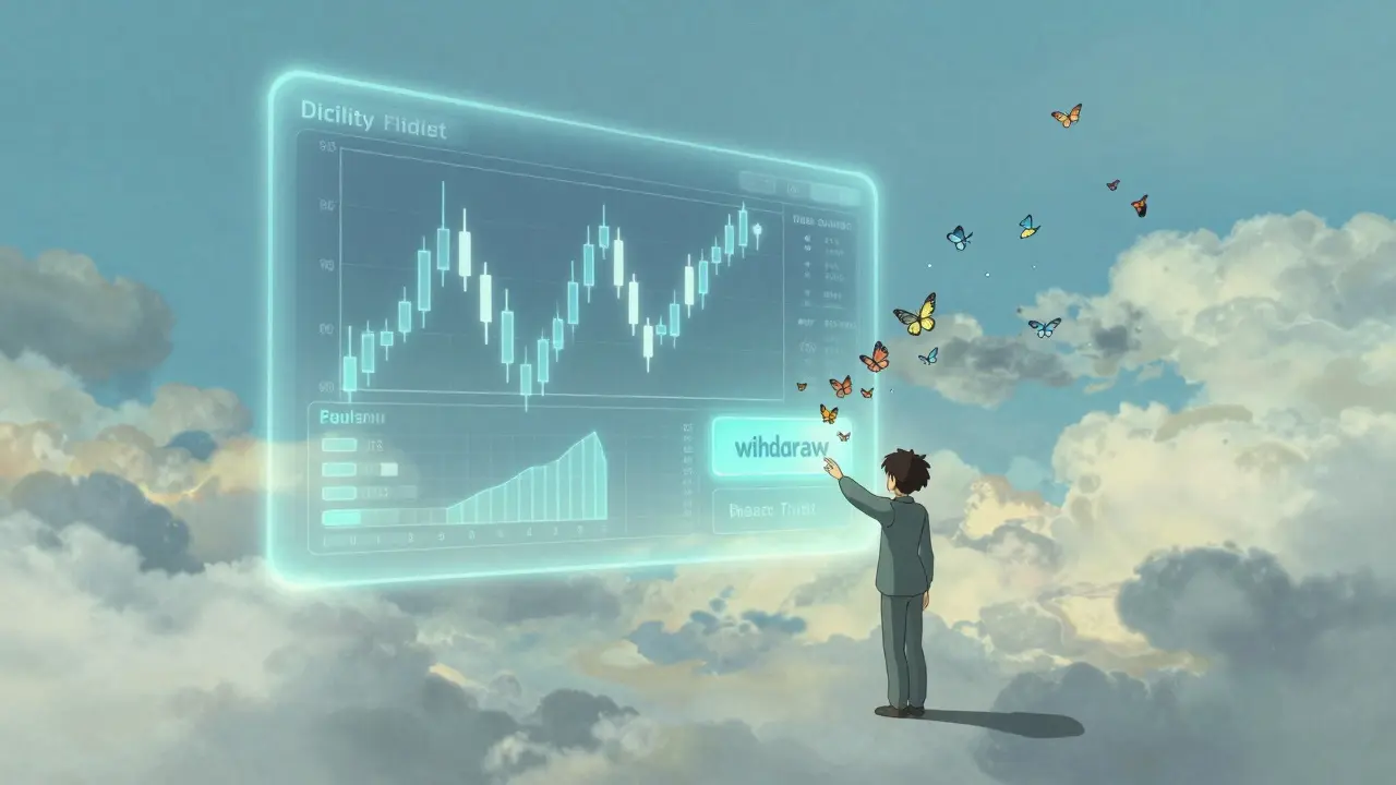 A surreal floating digital trading interface dissolving into butterflies in a cloudy void.