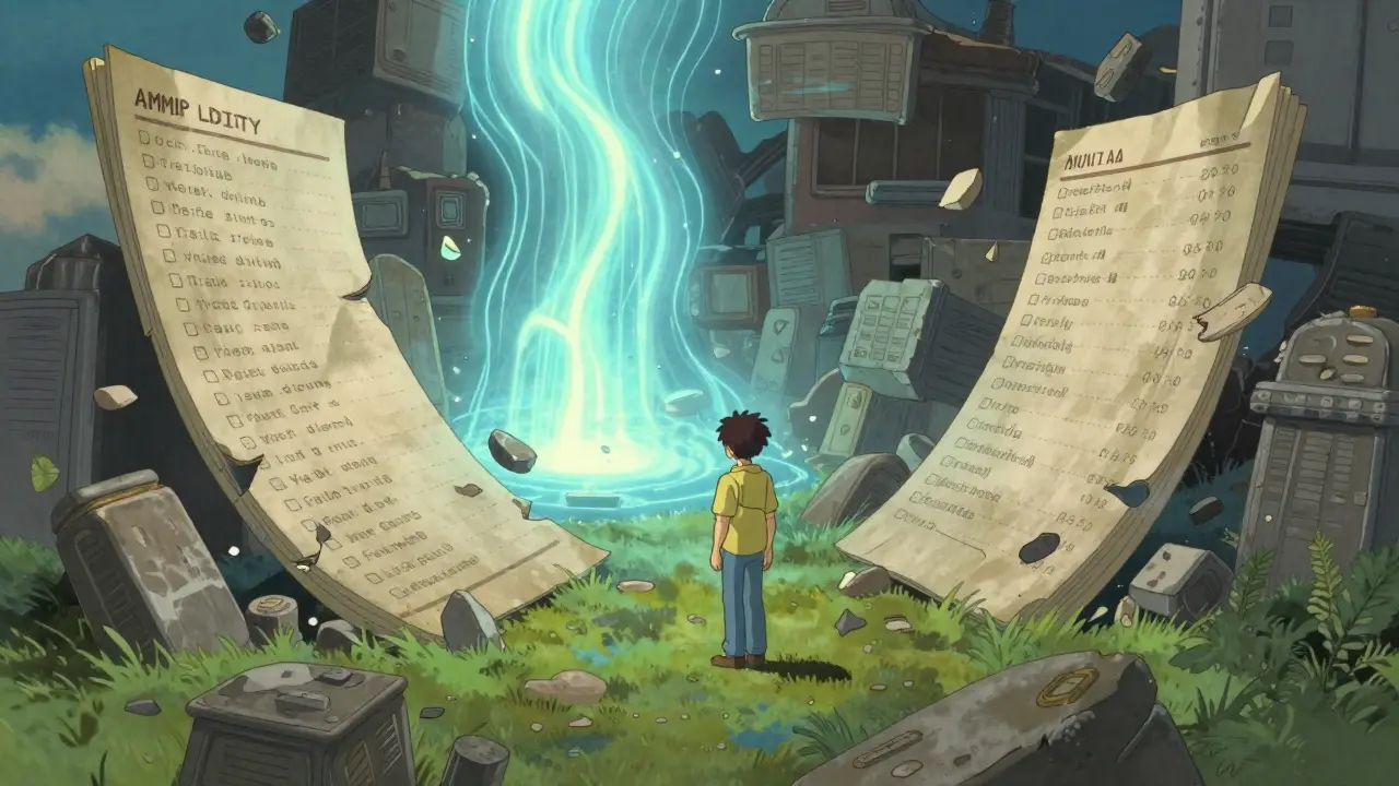 A traveler standing among crumbling digital ruins and a flowing river of light.