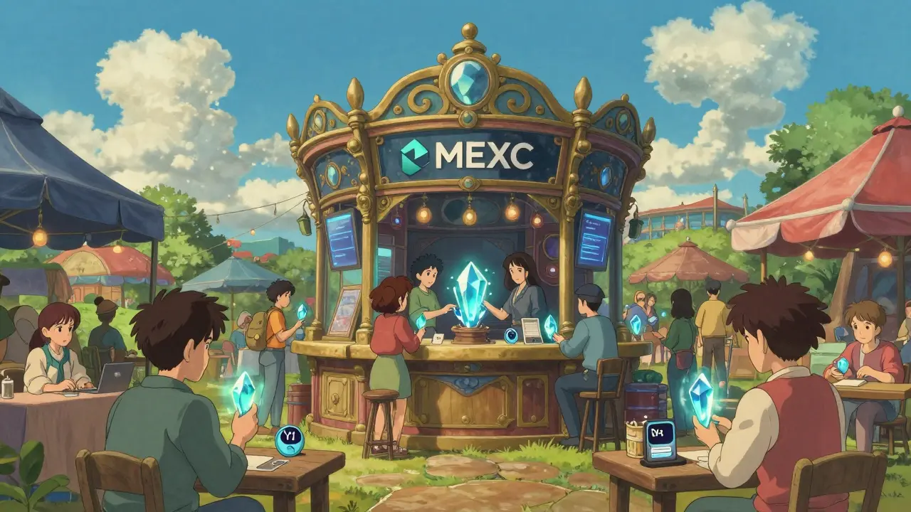 A vibrant digital marketplace with traders exchanging glowing VLXPAD tokens.