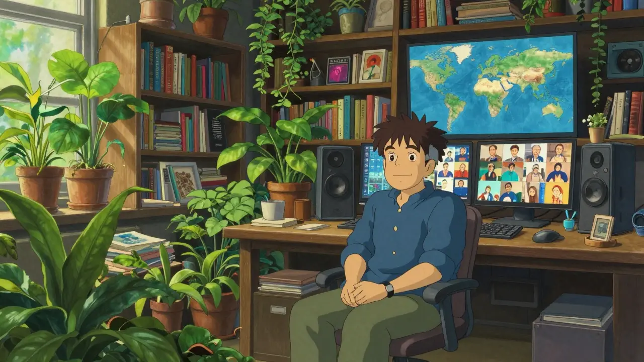 An artist in a lush, plant-filled studio reflecting a life of creative success and stability.