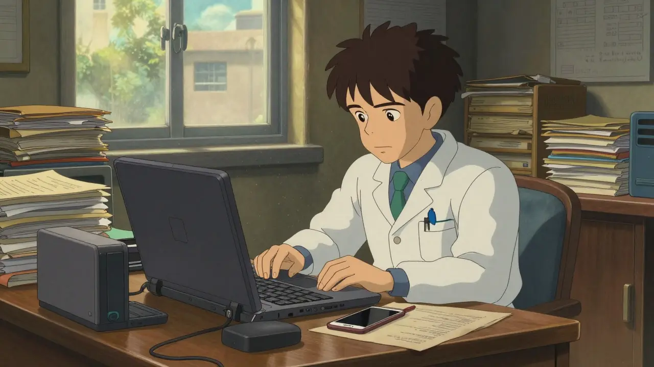 An investigator in a detailed office examining seized laptops and phones in a soft, painterly style.