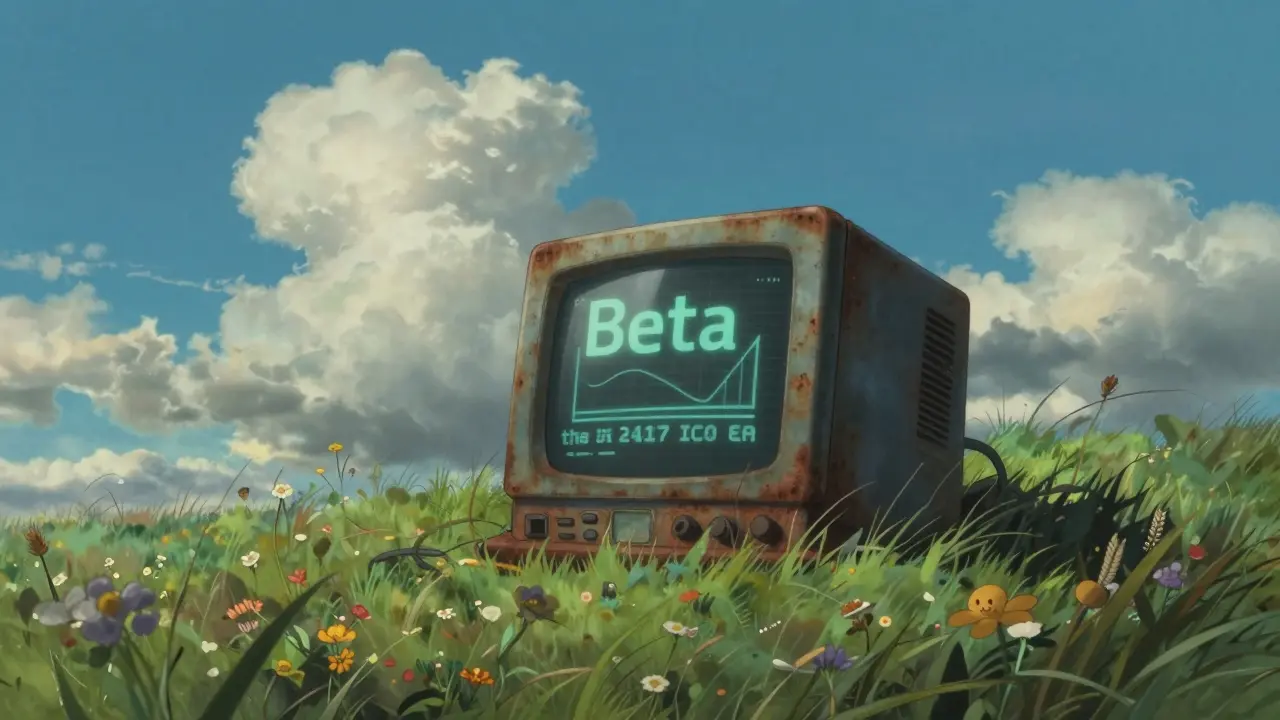 An old, rusted computer terminal in a grassy field under a wide blue sky, symbolizing a forgotten project.