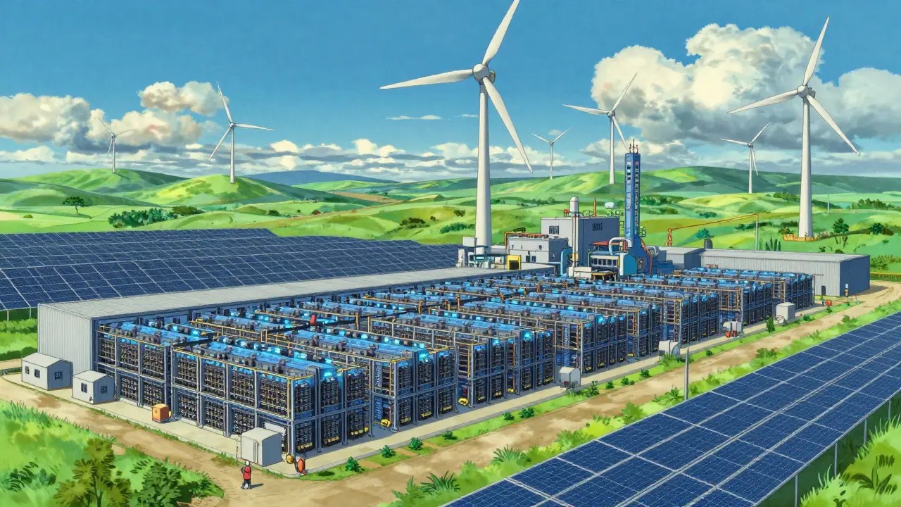 Anime style industrial mining farm powered by wind turbines and solar panels in a green field