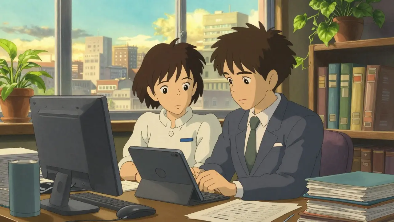 Anime style professional consultants reviewing digital financial records in a bright office