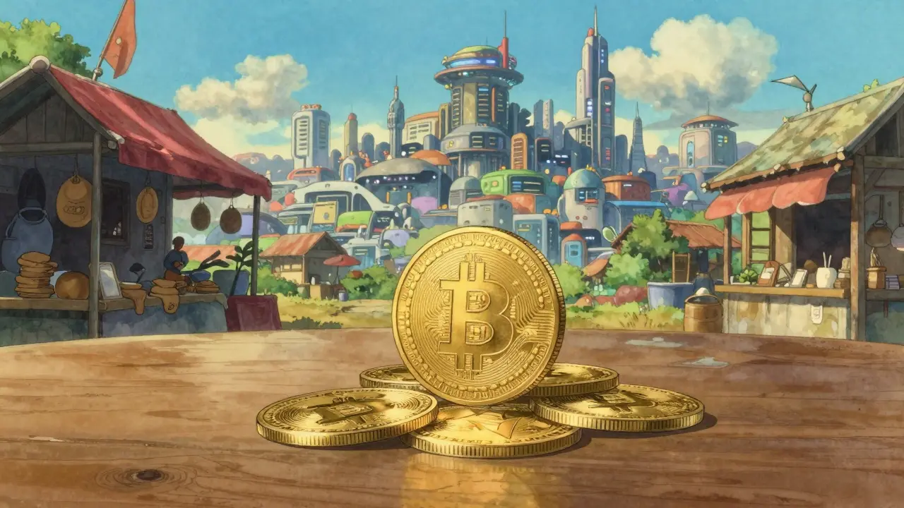 Bitcoin and Ethereum coins on a wooden table with a distant futuristic city