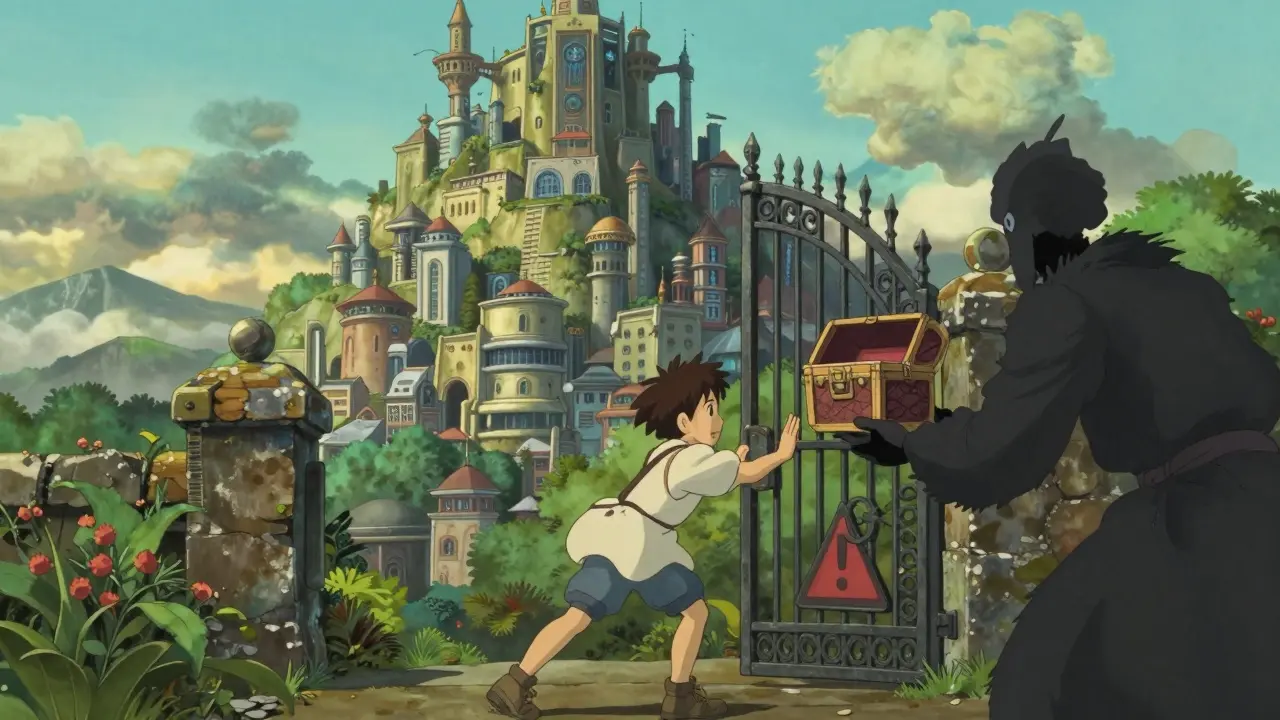Character closing a secure gate against a shadowy figure in a peaceful city