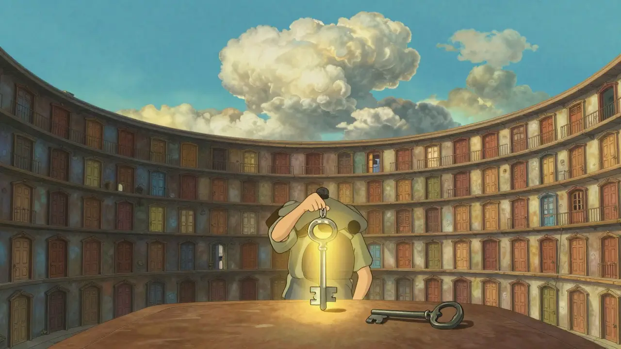 Character holding a glowing master key in front of a whimsical building with many doors.