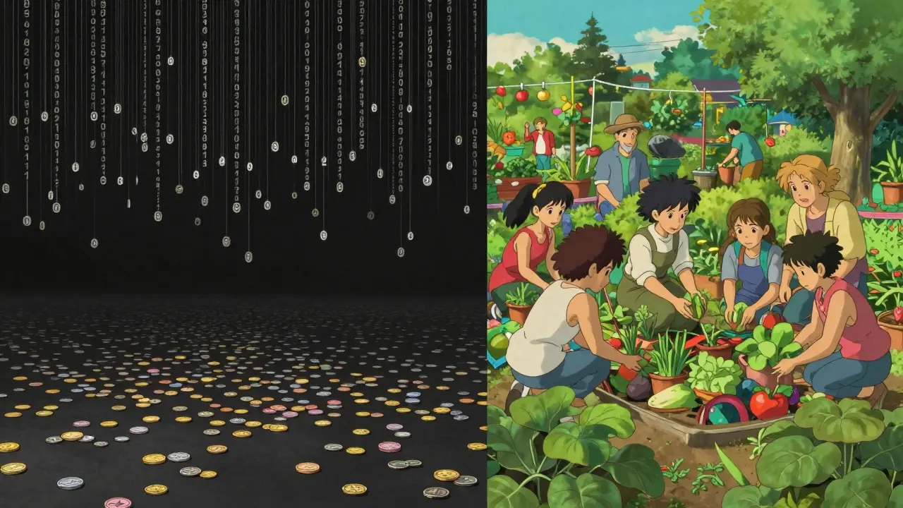 Contrast between a cold void of digital coins and a warm, helpful community garden