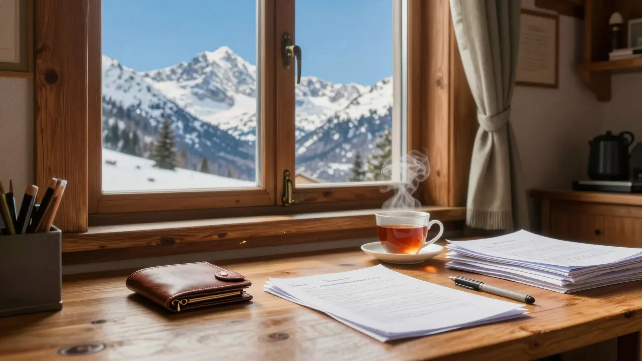 Cozy Swiss office with a hardware wallet on a desk and snowy mountains visible through the window