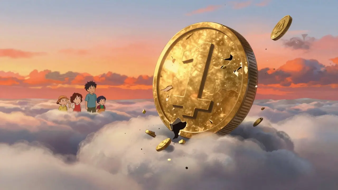 Crumbling golden coin monument floating in sunset clouds