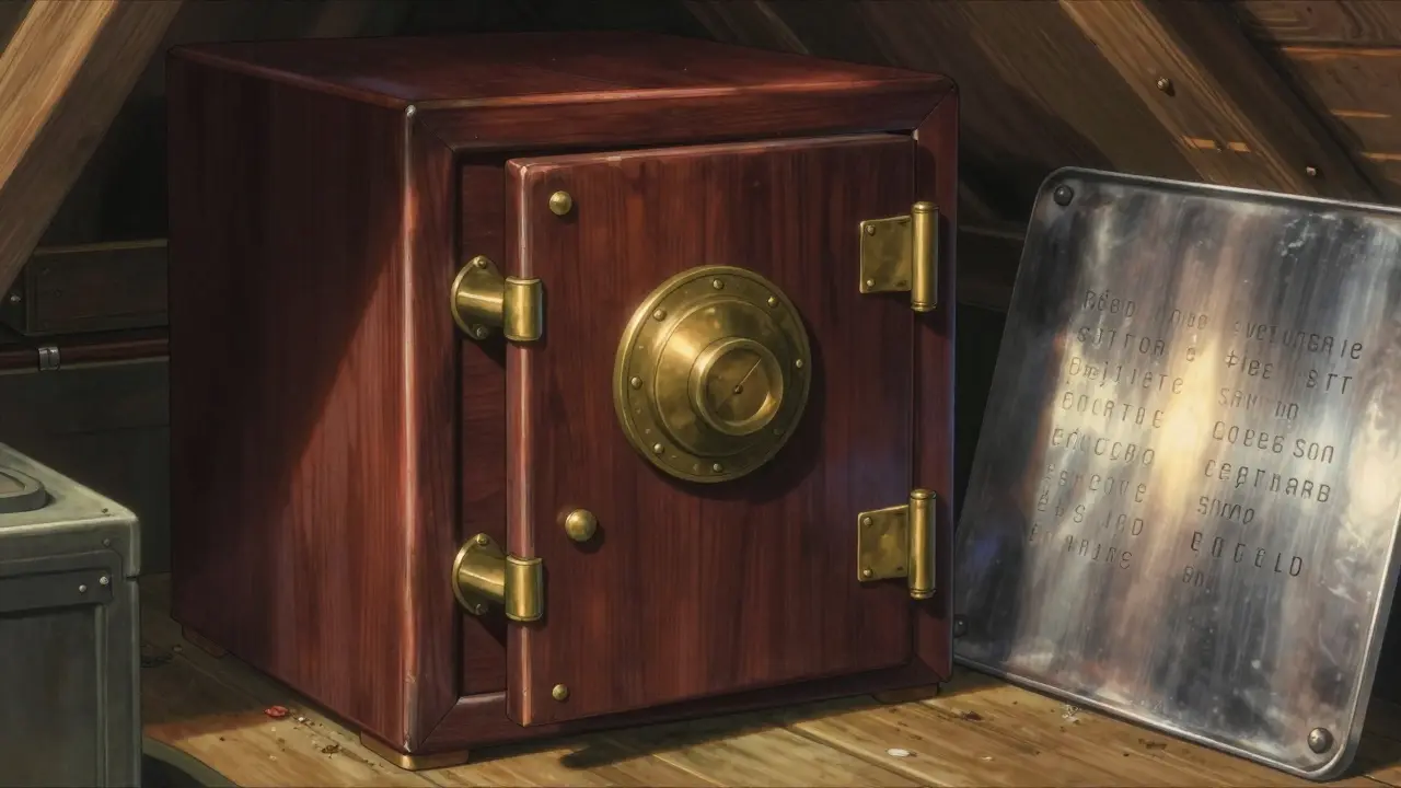 Detailed view of a metal backup plate and a vintage safe in a sunlit attic.