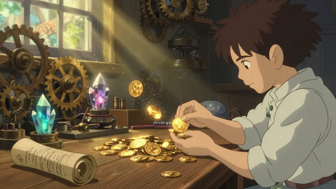Ghibli-style workshop showing golden tokens with some floating away as fees