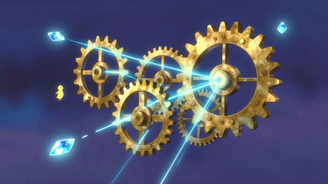 Intricate golden gears and blue energy lines representing a high-speed blockchain network.
