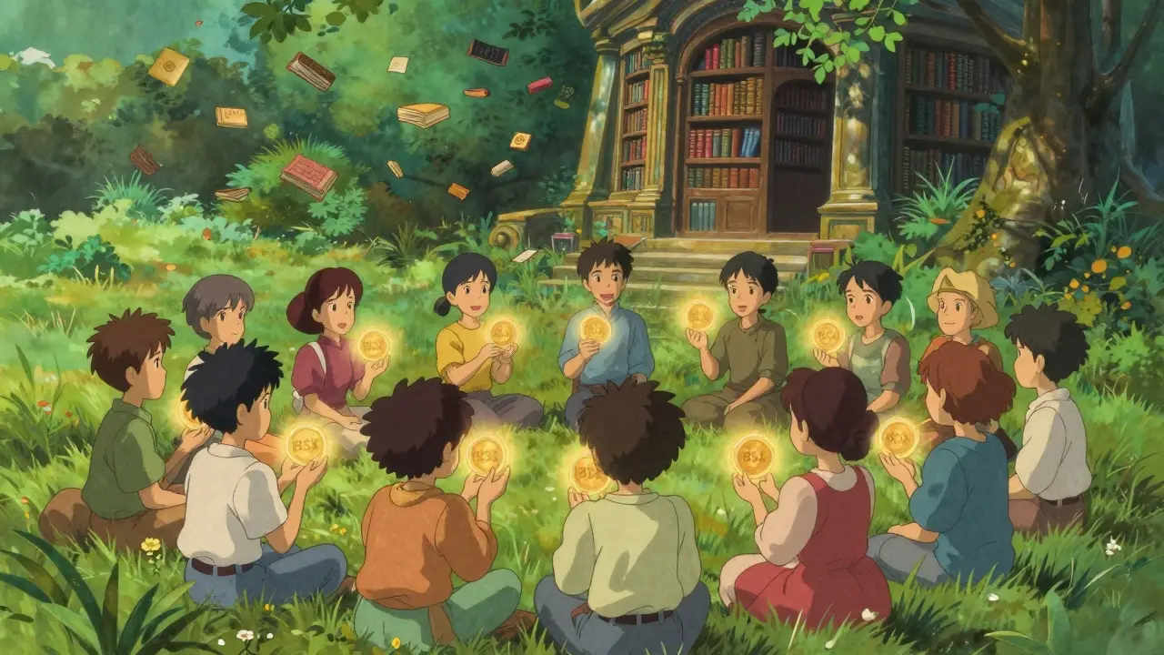 People holding glowing golden tokens in a lush green meadow with a floating library.