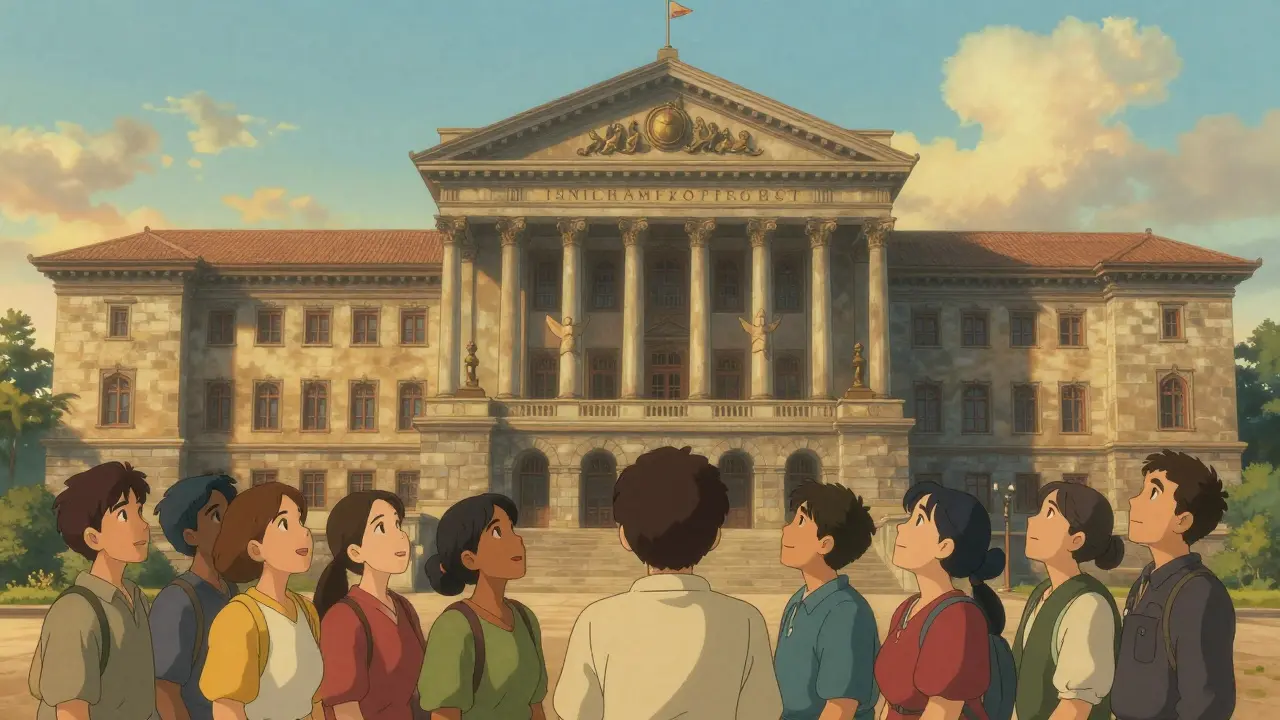 People waiting outside the traditional stone architecture of the Supreme Court of Nepal under a golden sky.