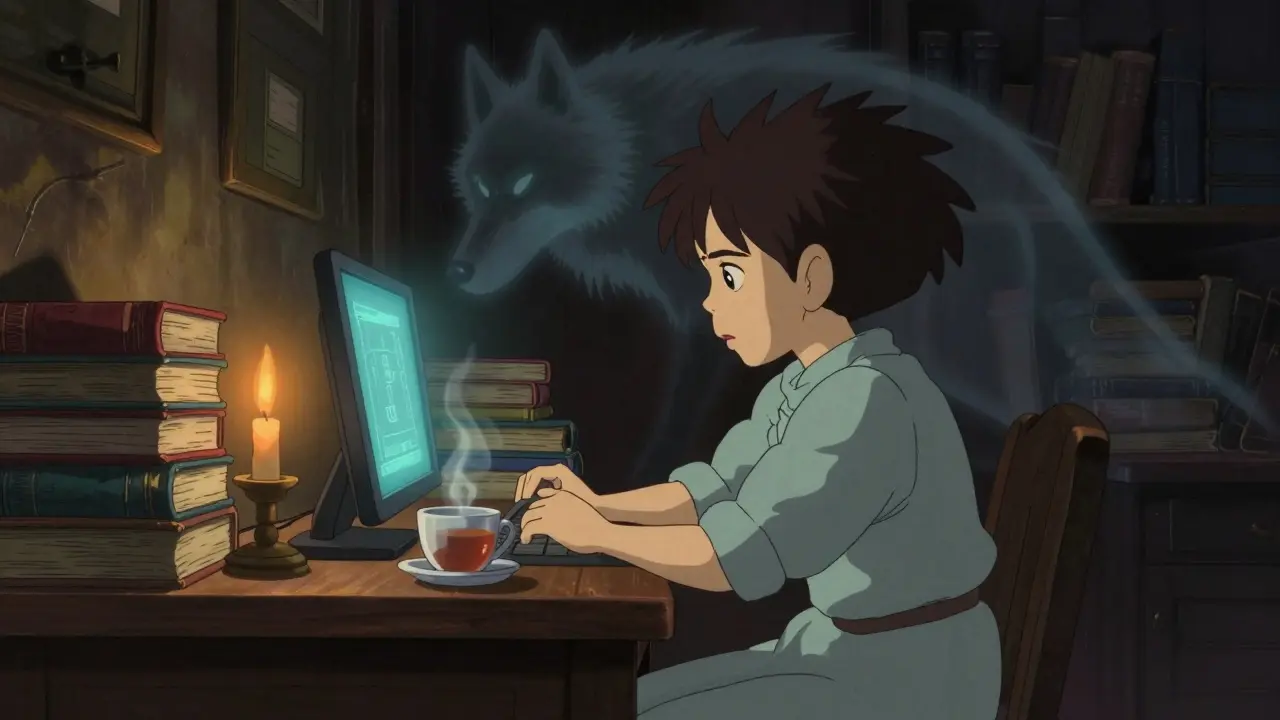 Person cautiously studying a screen in a cozy room with a shadowy wolf figure behind