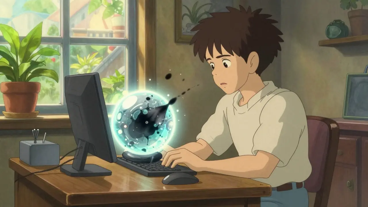 Person cleaning a glowing digital sphere from dark shadows in a bright, sunlit room
