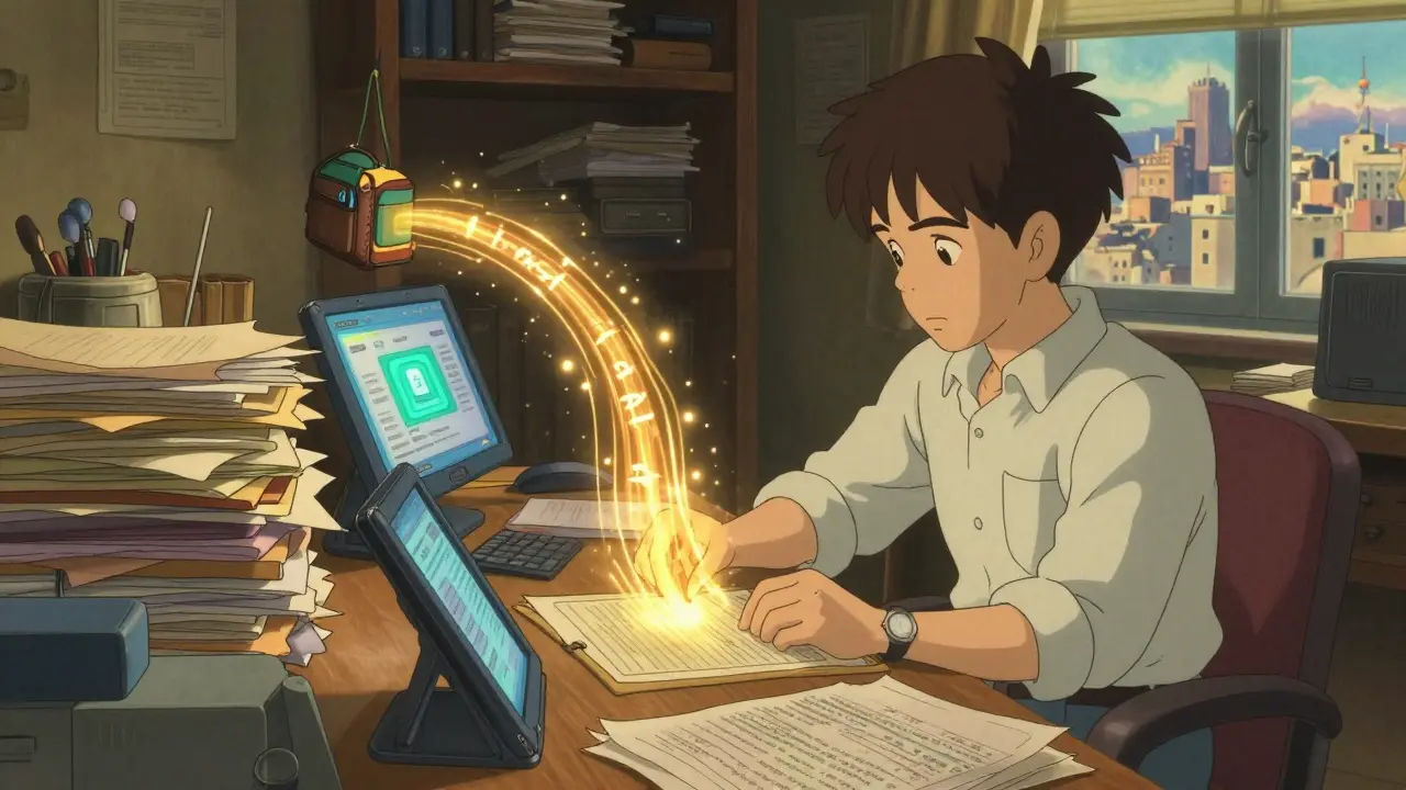 Person organizing a large amount of financial paperwork with a golden data stream