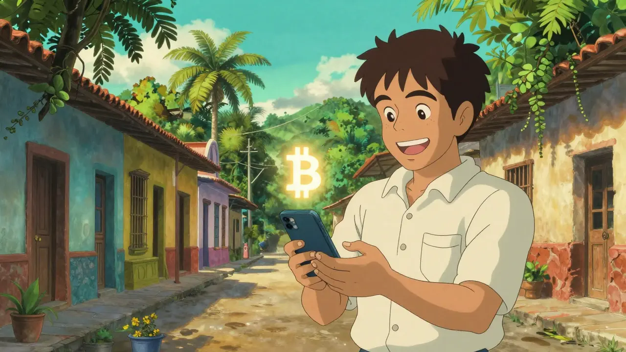 Street scene in El Salvador showing a merchant accepting a Bitcoin payment on a smartphone