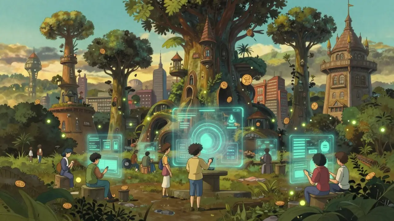 Thriving futuristic city with organic buildings and coins