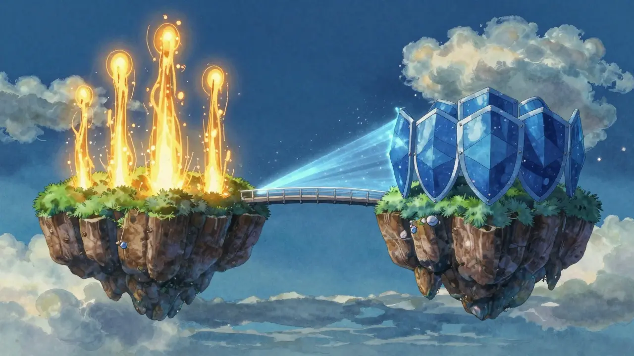 Two floating islands connected by magical light beam