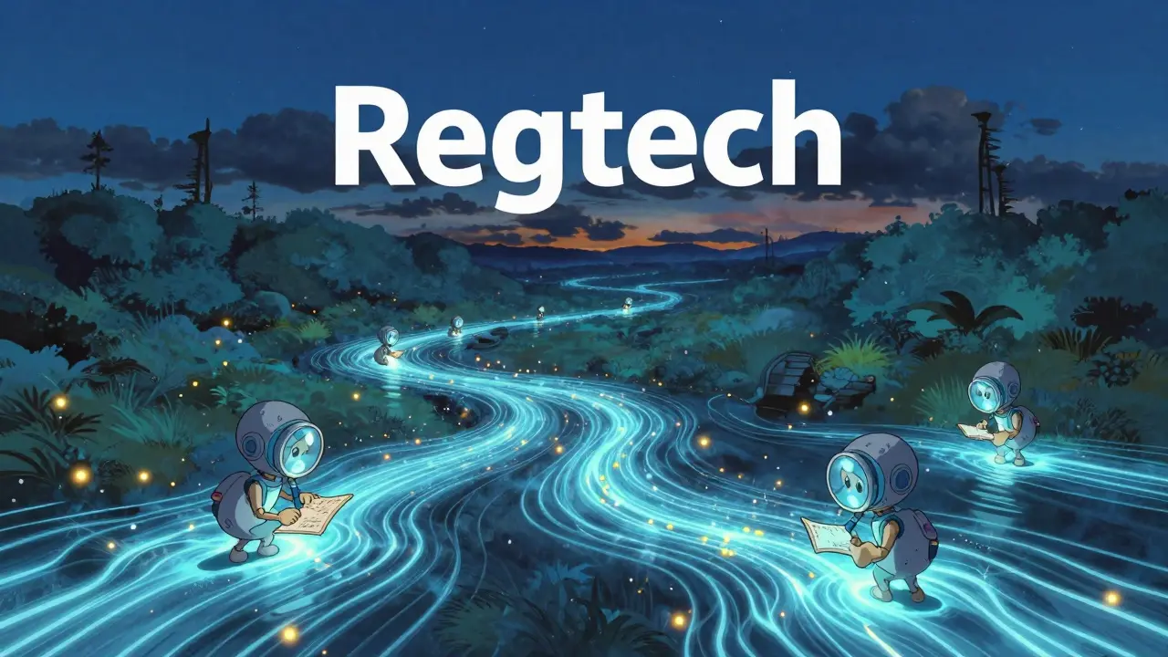 Whimsical Ghibli-style mechanical sprites monitoring a glowing blue river of cryptocurrency data.