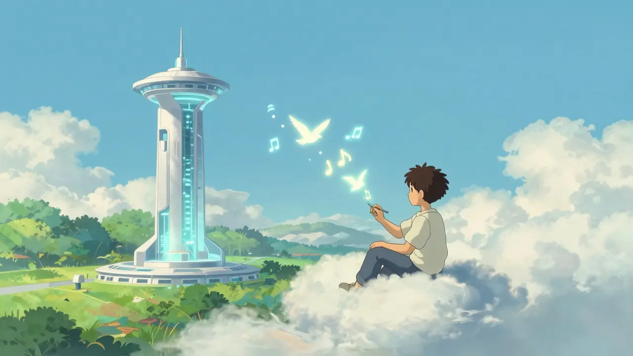 A creator on a cloud platform generating digital art in a serene, green-tinted Studio Ghibli world.