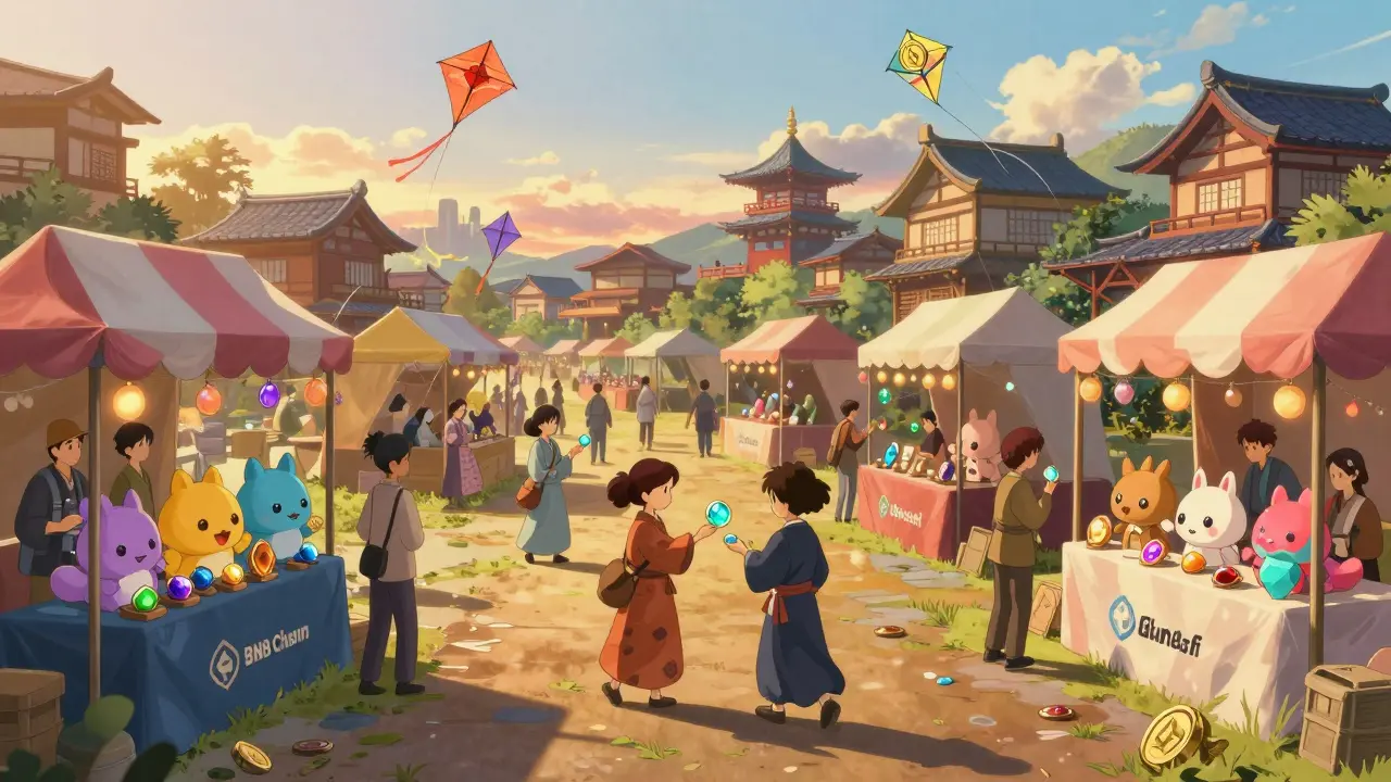 A lively festival marketplace with colorful stalls and gem-like tokens in Studio Ghibli anime style.