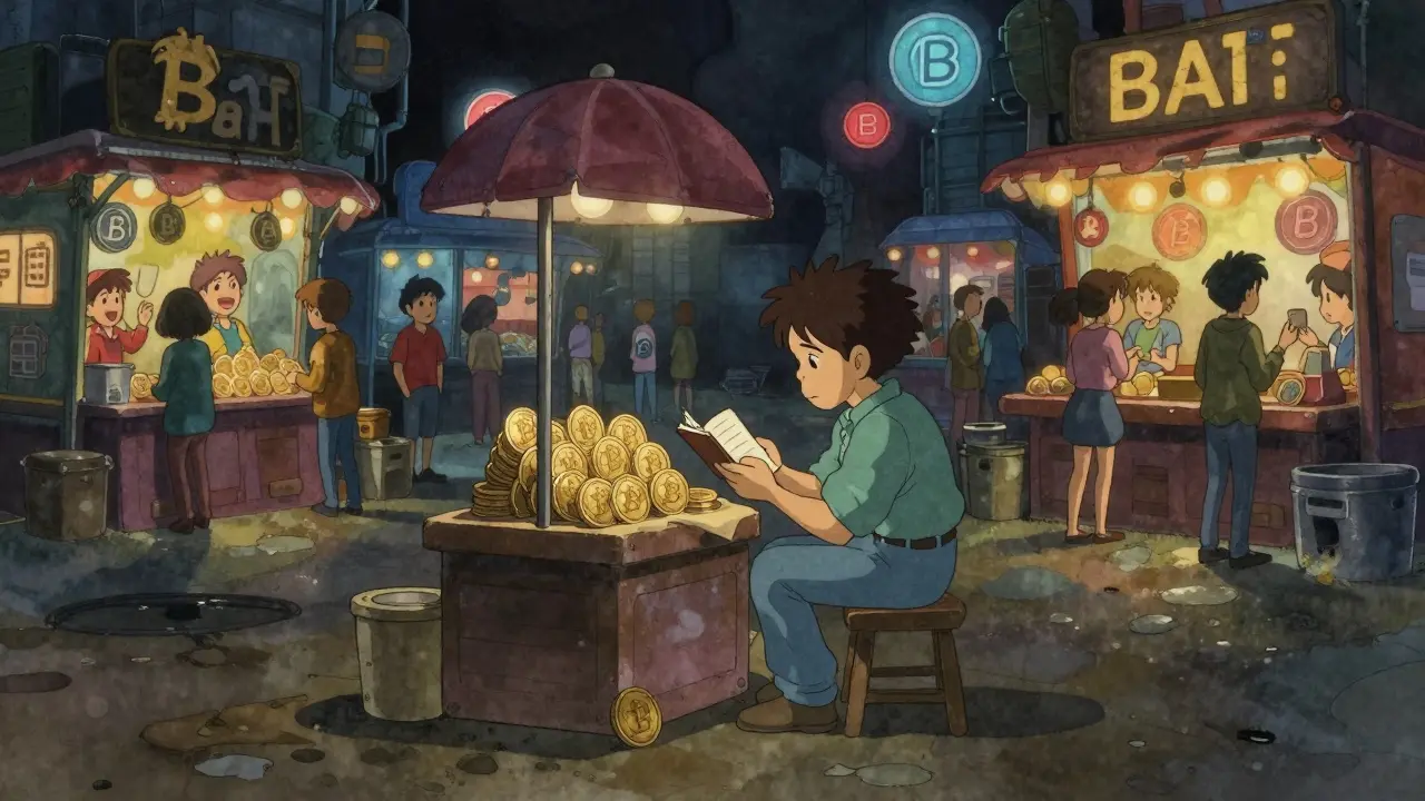 A lonely, empty Adzcoin market stall contrasts with bustling crypto markets.